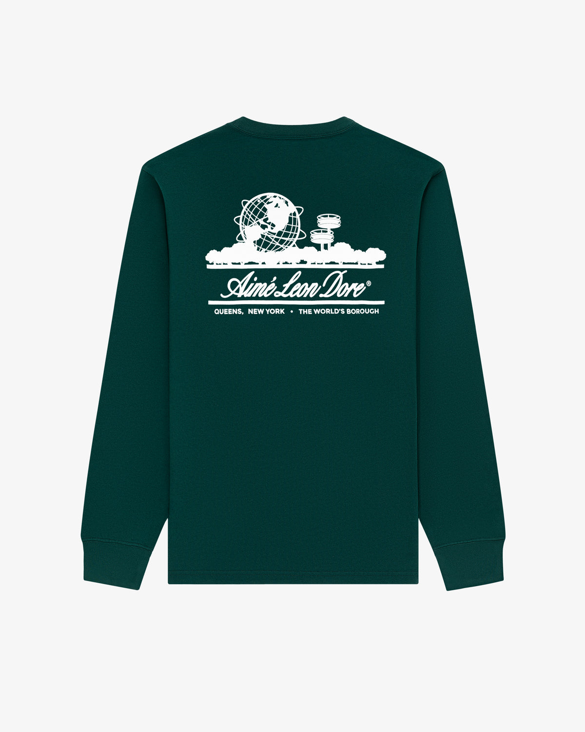Long-Sleeve Unisphere Tee in dark green with a white Unisphere graphic and “Aimé Leon Dore” text on the back.