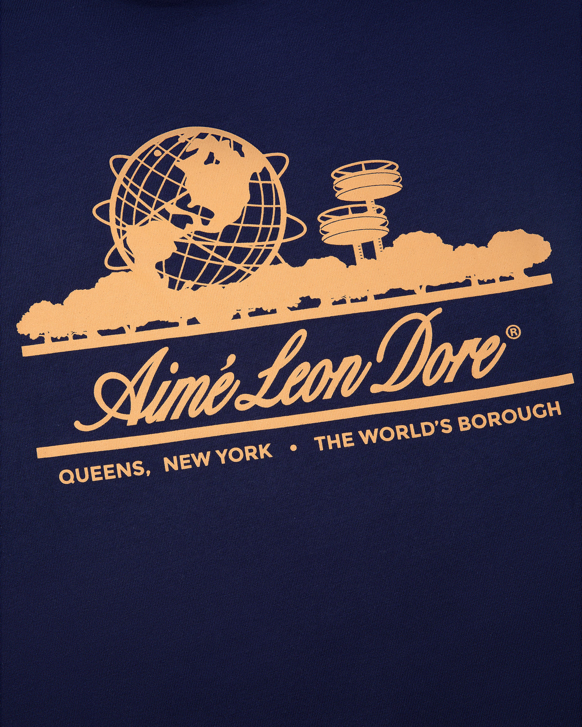Long-Sleeve Unisphere Tee featuring a yellow Unisphere graphic and towers on navy, with Aimé Leon Dore, Queens, NY.