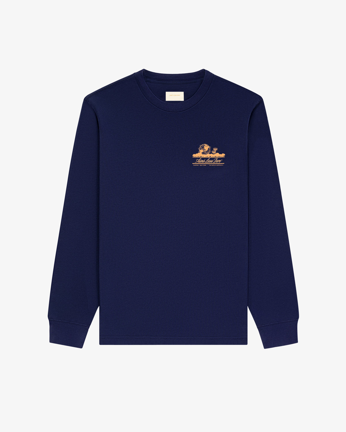 Navy Long-Sleeve Unisphere Tee with small orange graphic and text on left chest, flat on white background.