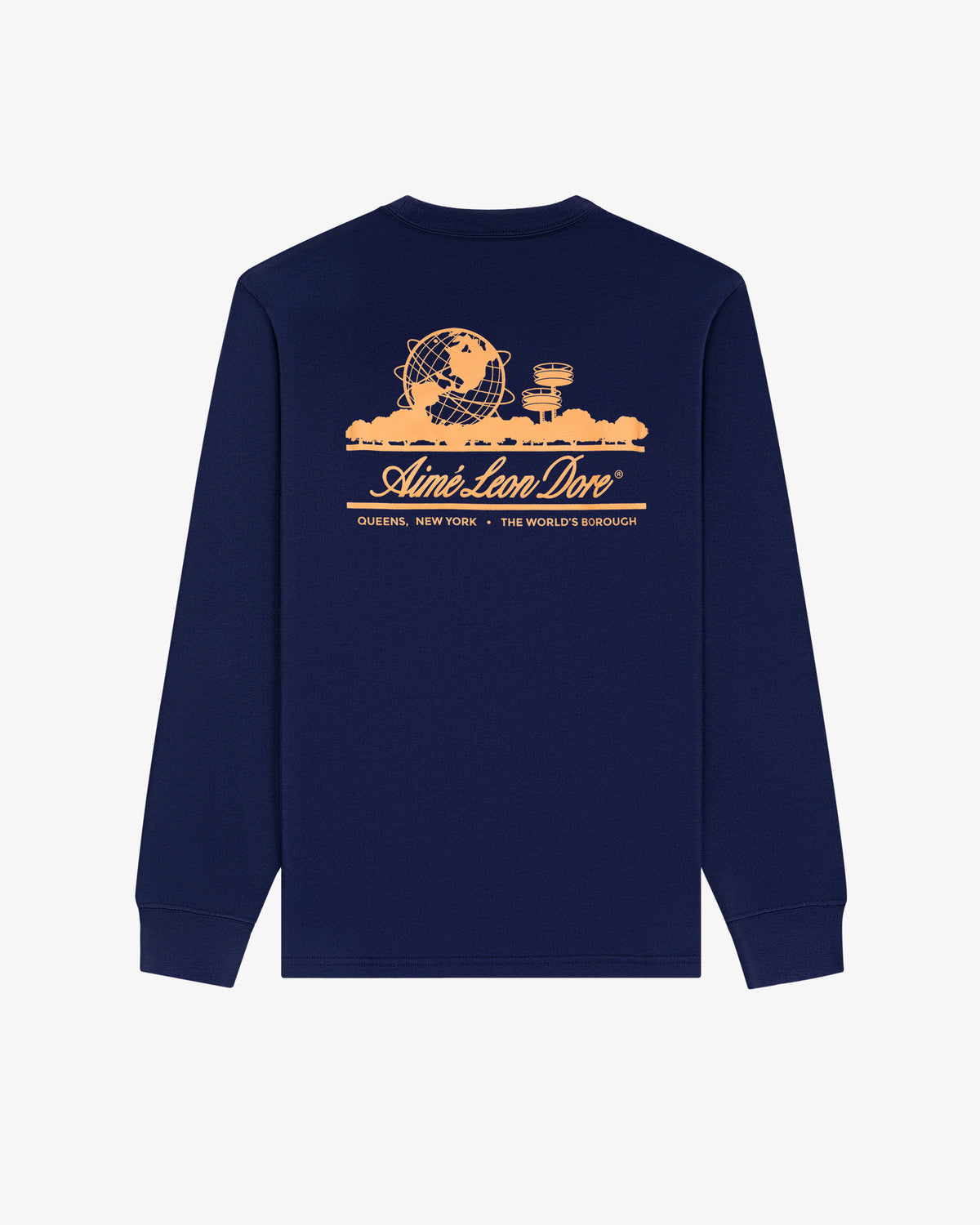 The Long-Sleeve Unisphere Tee is a navy shirt with a peach Queens Unisphere graphic and “Aimé Leon Dore” on the back.