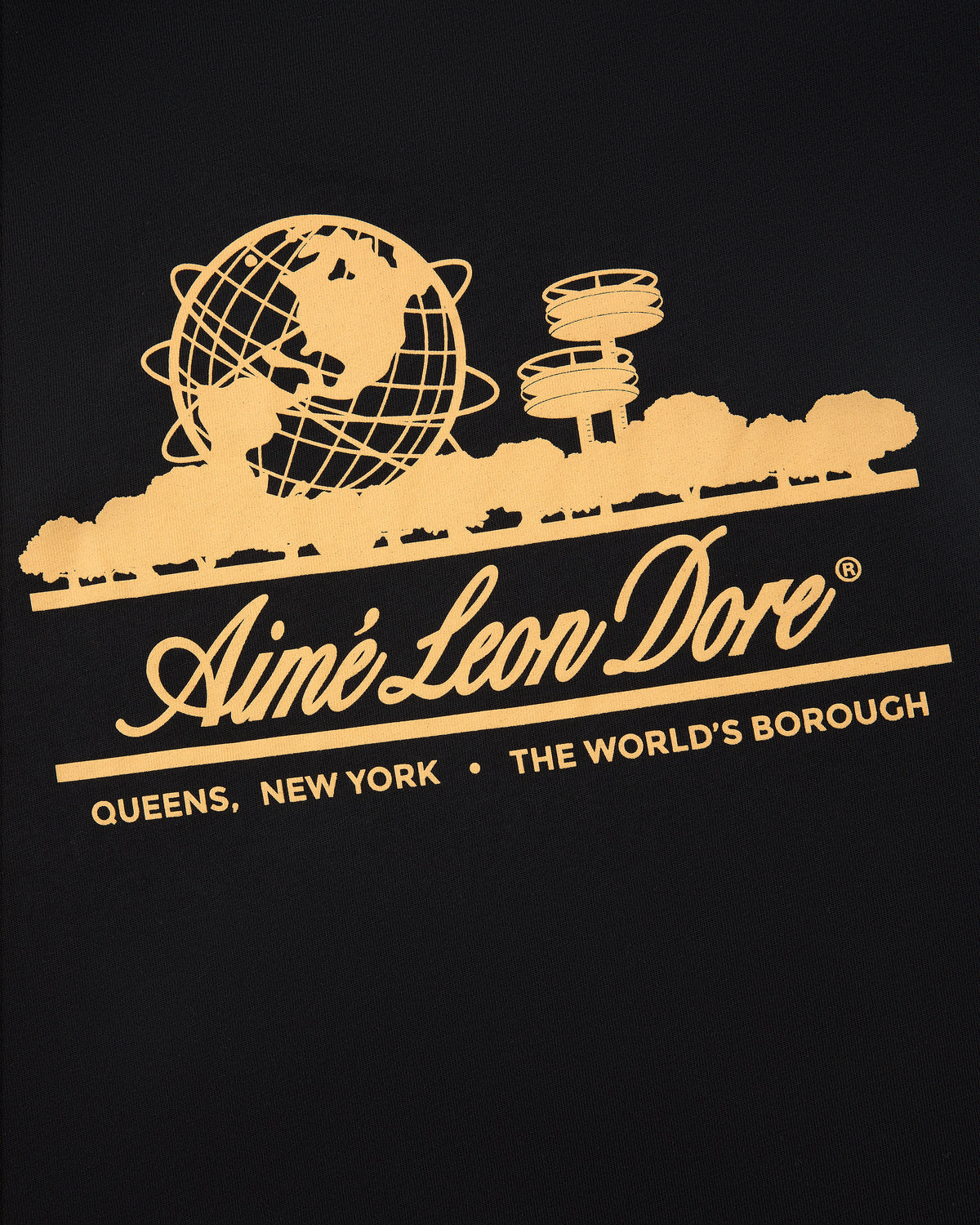 Long-Sleeve Unisphere Tee with yellow Aimé Leon Dore logo and “Queens, New York · The Worlds Borough” text.