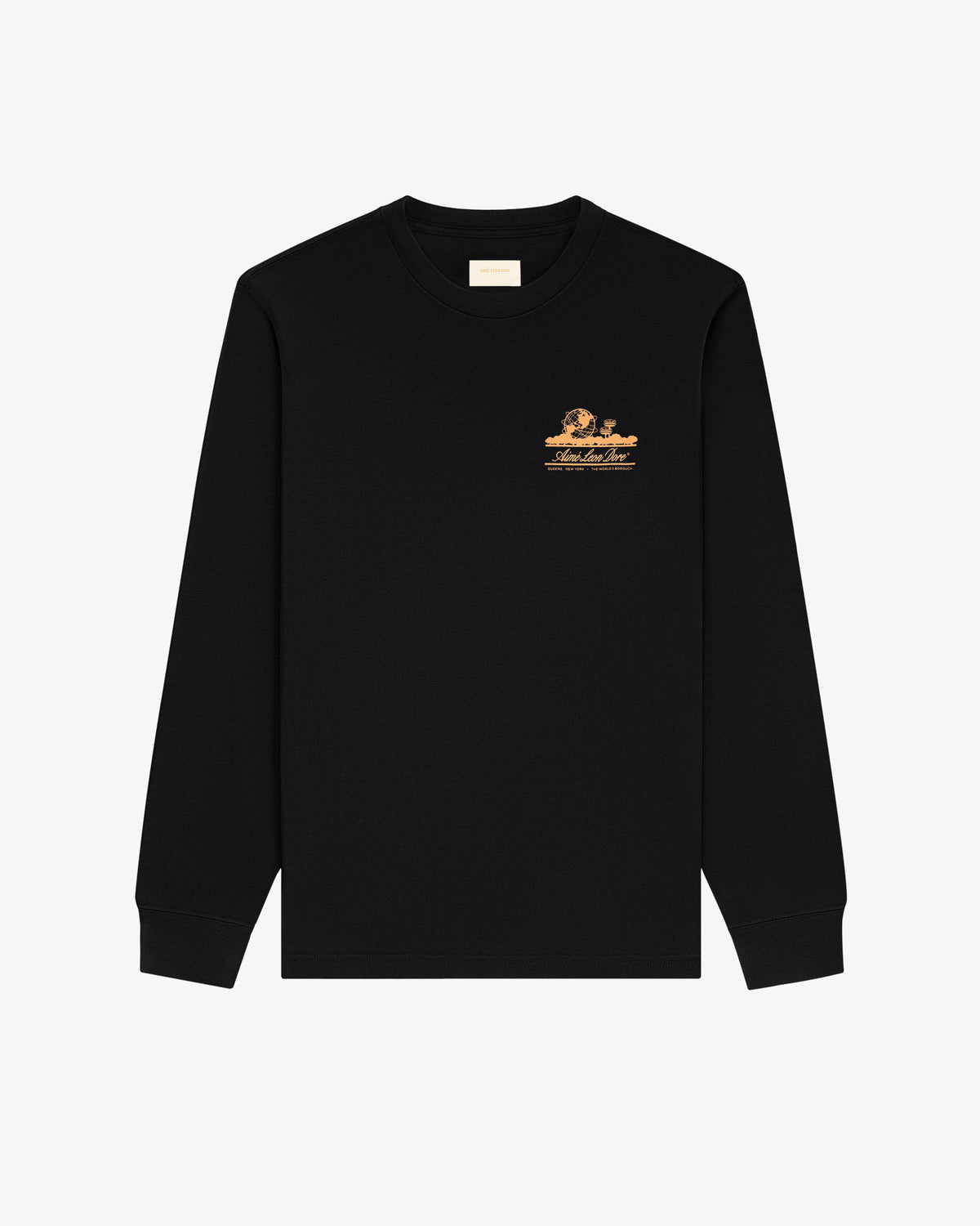 Long-Sleeve Unisphere Tee in black with a small orange graphic and text on the left chest, shown on white background.