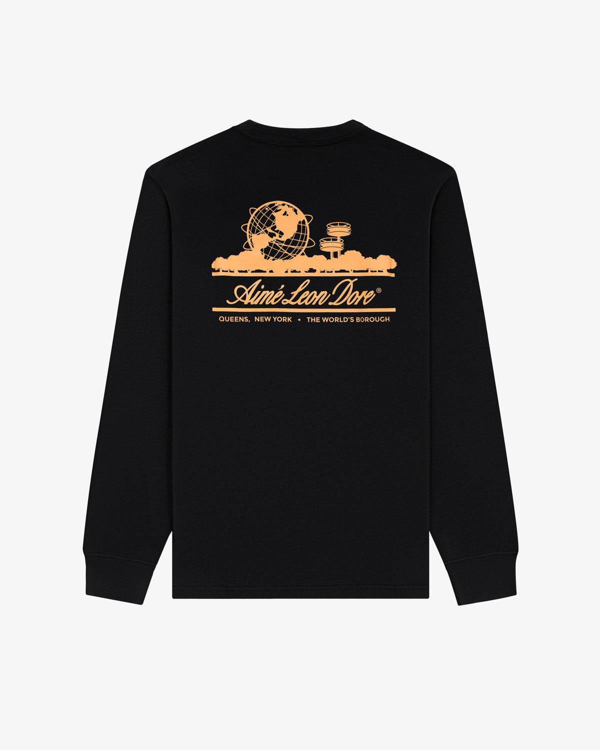 Black Long-Sleeve Unisphere Tee featuring orange Queens landmarks and Aimé Leon Dore text on the back.