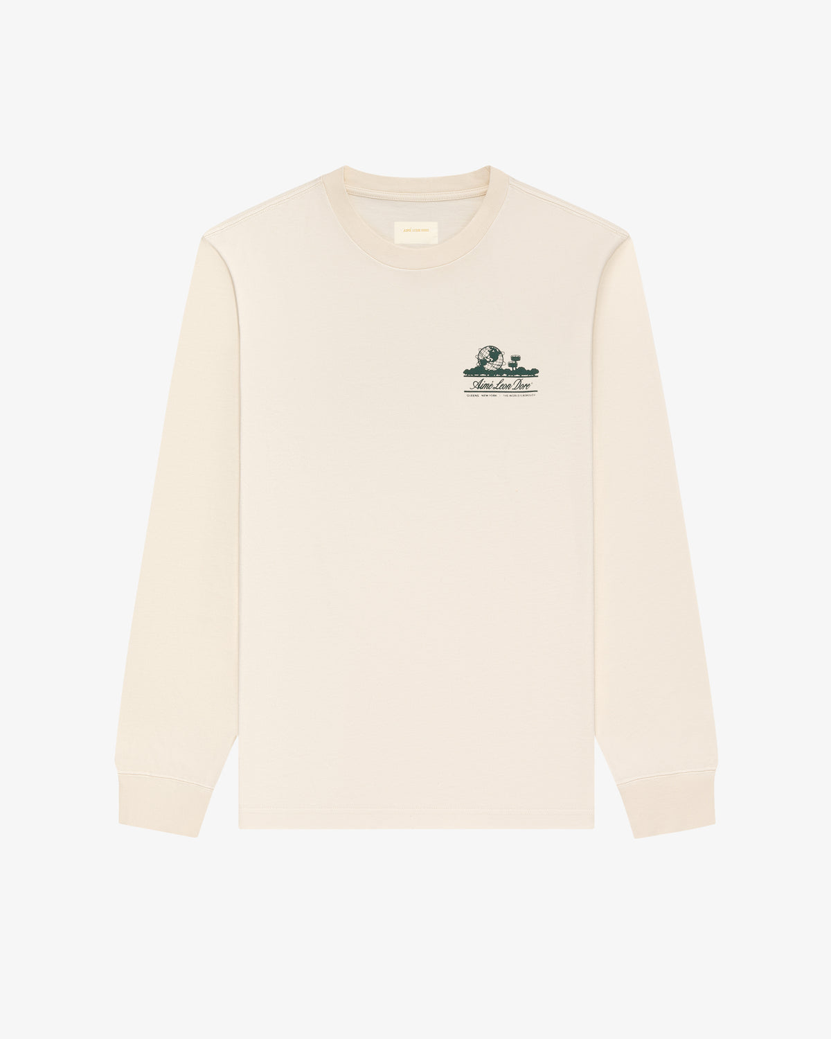 Beige Long-Sleeve Unisphere Tee with a small green graphic and text on the left chest.