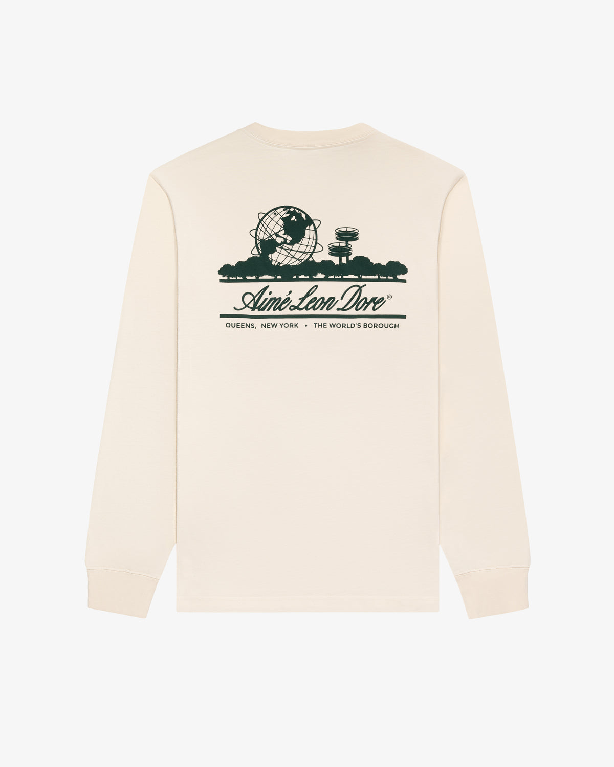 Cream Long-Sleeve Unisphere Tee with green Queens, NY landmarks and Aimé Leon Dore logo graphic on the back.