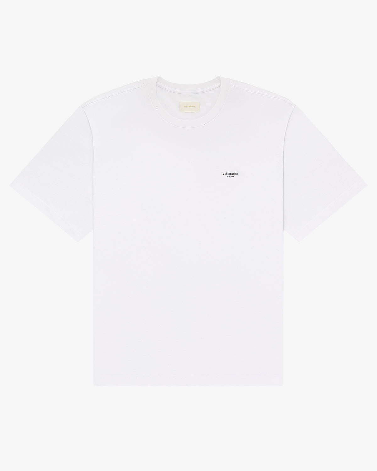 Micro Logo Tee in white, short sleeves with small black logo text on left chest, laid flat on white background.