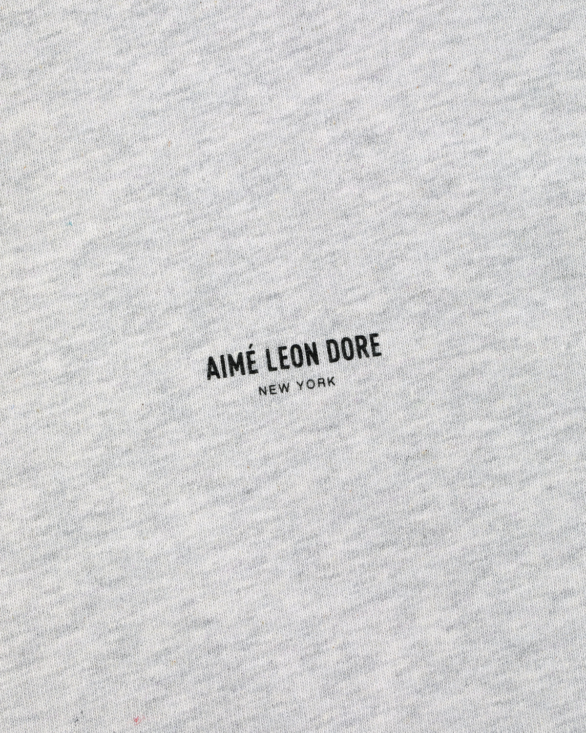 Close-up of gray Micro Logo Tee with black "AIMÉ LEON DORE NEW YORK" text printed in the center.