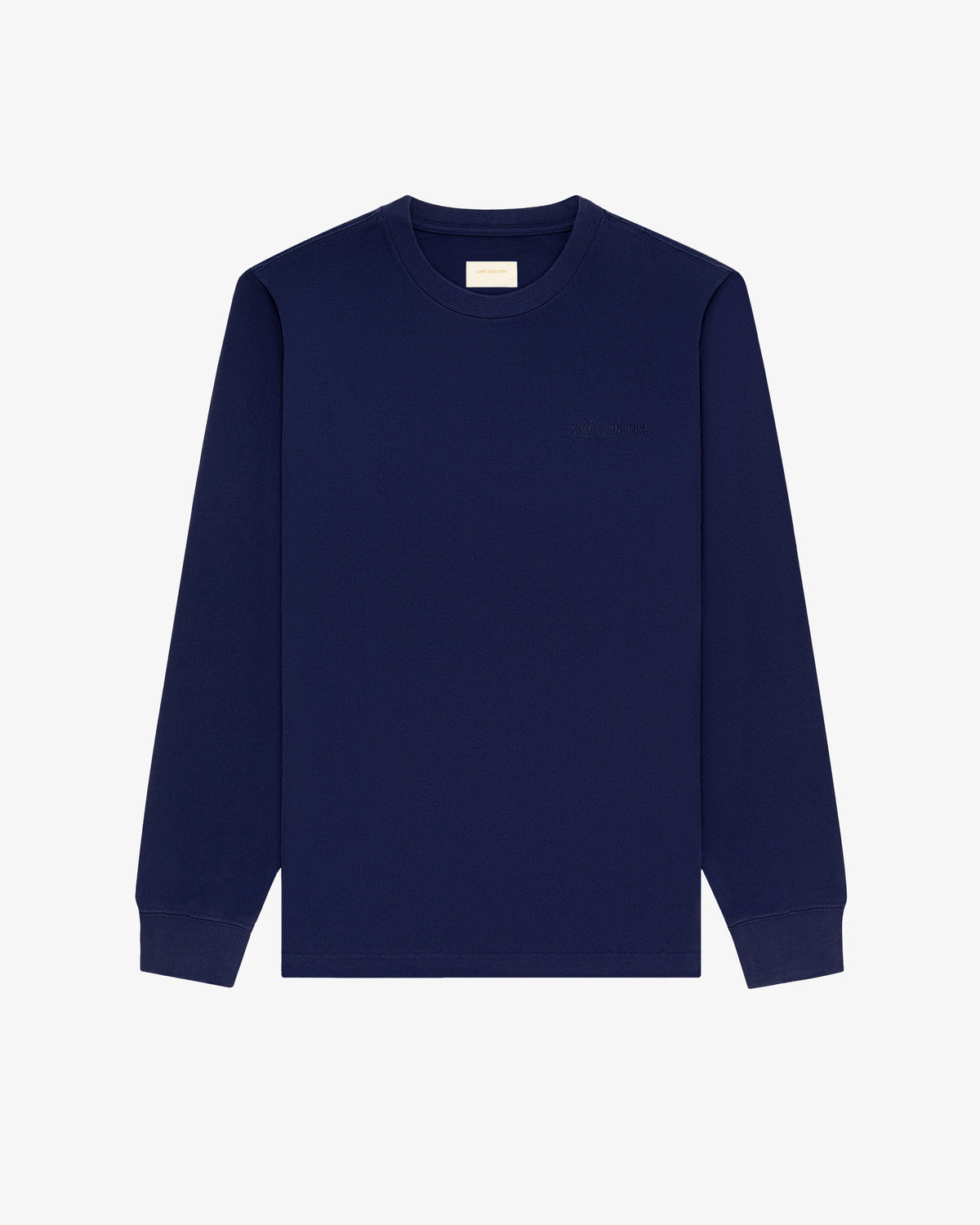 Long-Sleeve Tonal Logo Tee in navy blue, crewneck style, laid flat on a white background.