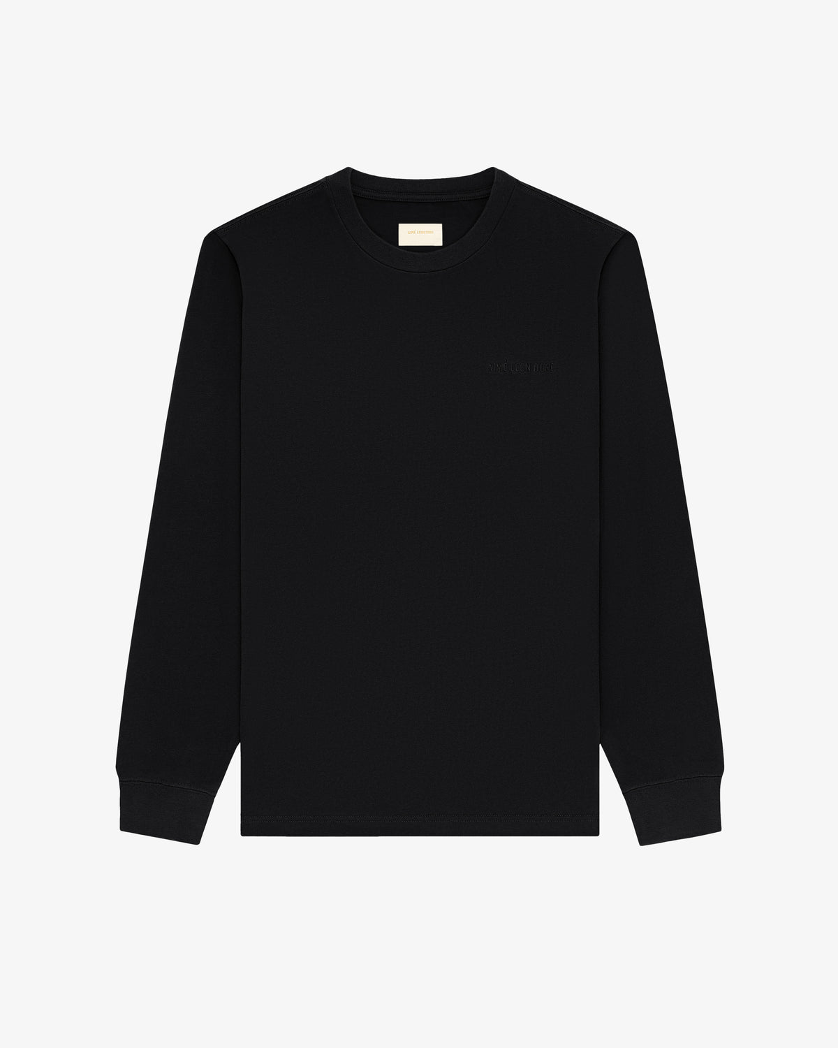 Long-Sleeve Tonal Logo Tee in black with crew neck, laid flat on a white background.