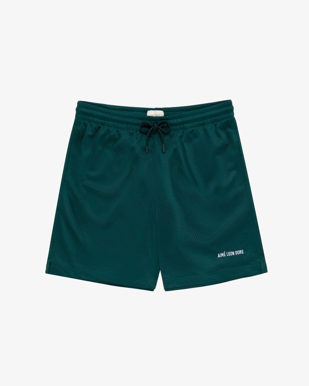 Dark green Logo Gym Short with drawstring waist and AIME LEON DORE text on the lower left leg, on white background.