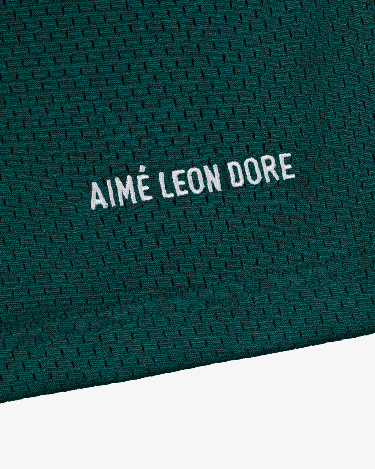 Green mesh Logo Gym Short with AIMÉ LEON DORE embroidered in white capital letters at the center.