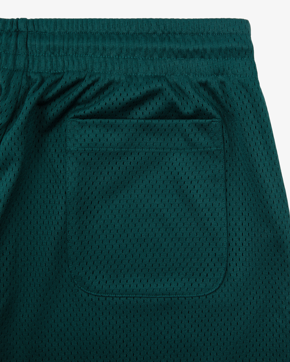 Close-up of a Logo Gym Short in dark green mesh with an elastic waistband and a single back pocket.