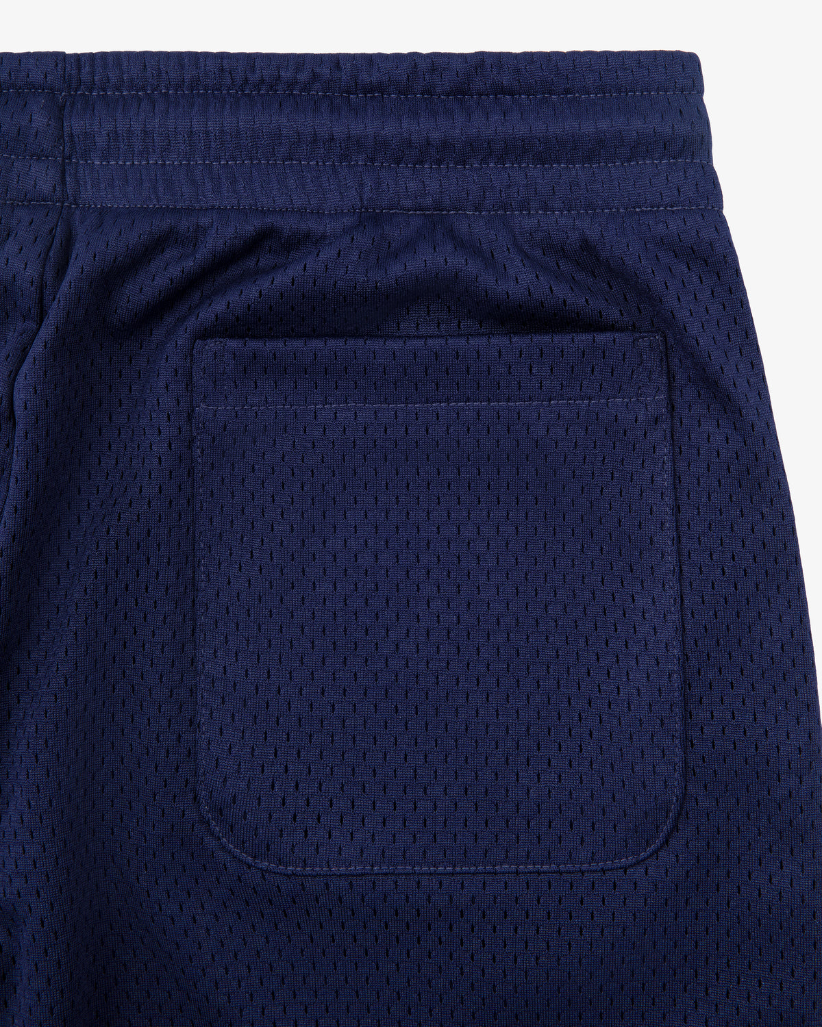Close-up of a Logo Gym Short in navy blue mesh with pocket and elastic waistband.