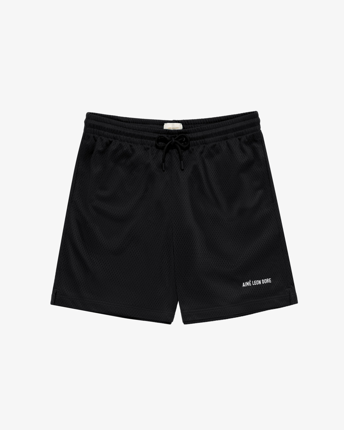 Logo Gym Short in black mesh with drawstring waistband and AIME LEON DORE text on the lower left leg.