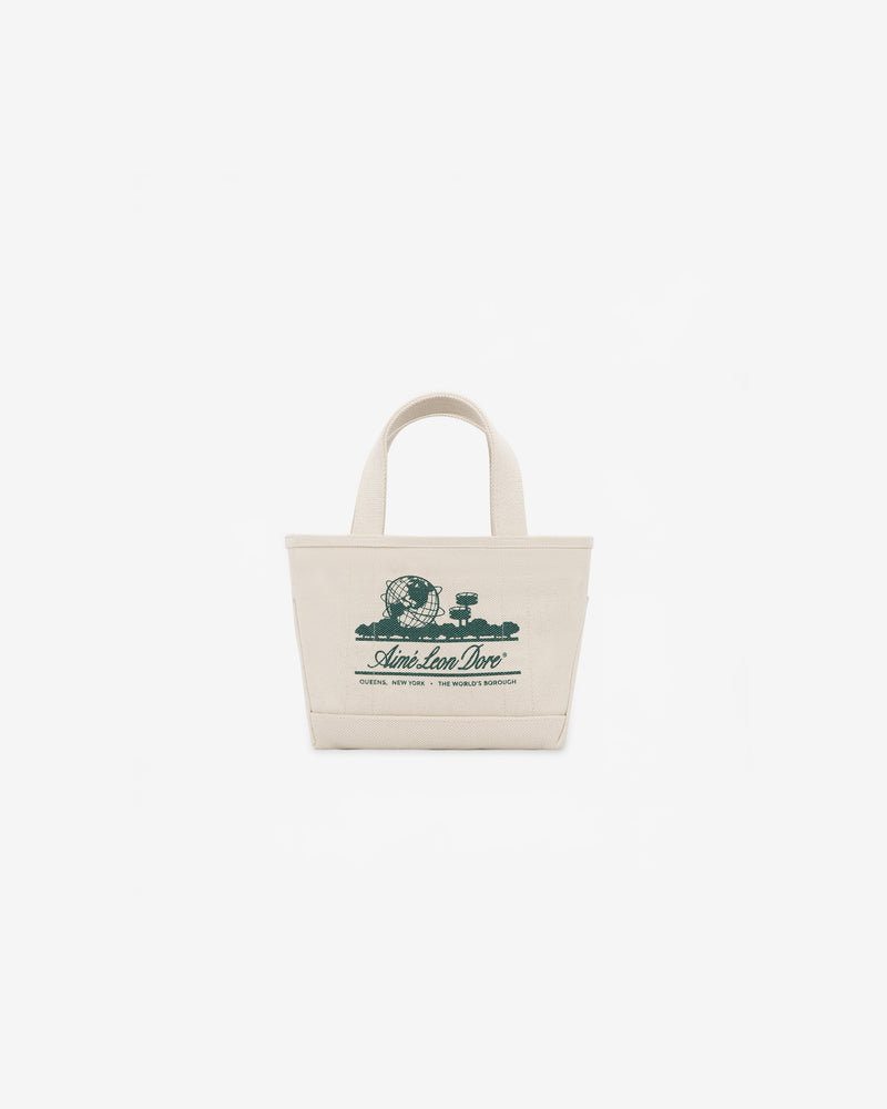 Mini Unisphere Tote Bag in beige with two handles and a green train graphic and text on the front.