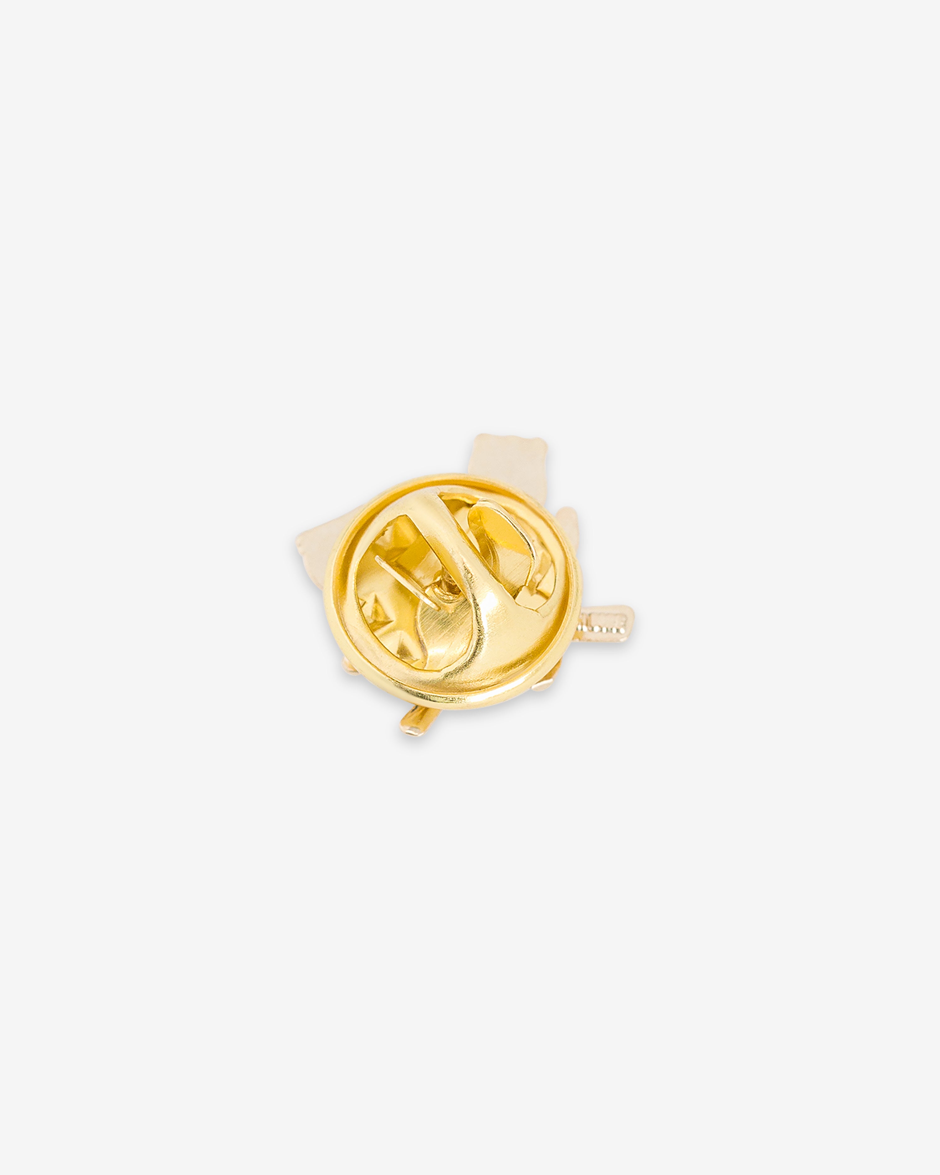 ALD Pin with gold butterfly clutch pin back on a white background, viewed from above.