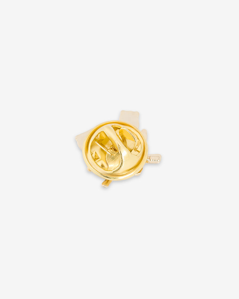 ALD Pin with gold butterfly clutch pin back on a white background, viewed from above.