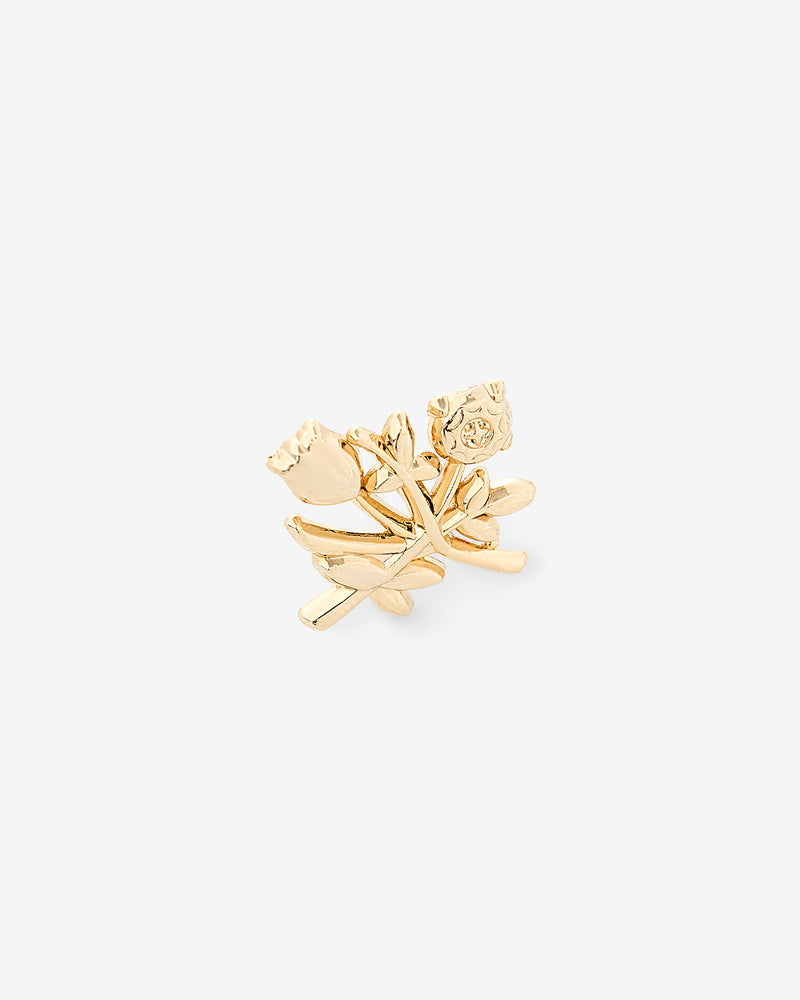 ALD Pin shaped like two crossed stems with a tulip and rose, shown on a plain white background.