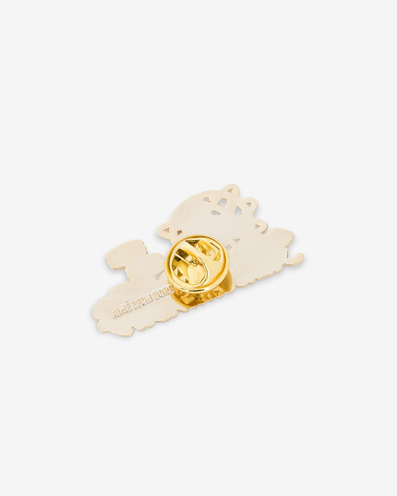 ALD Pin: gold enamel, butterfly clasp, cat-on-a-train shape, back view on white background.