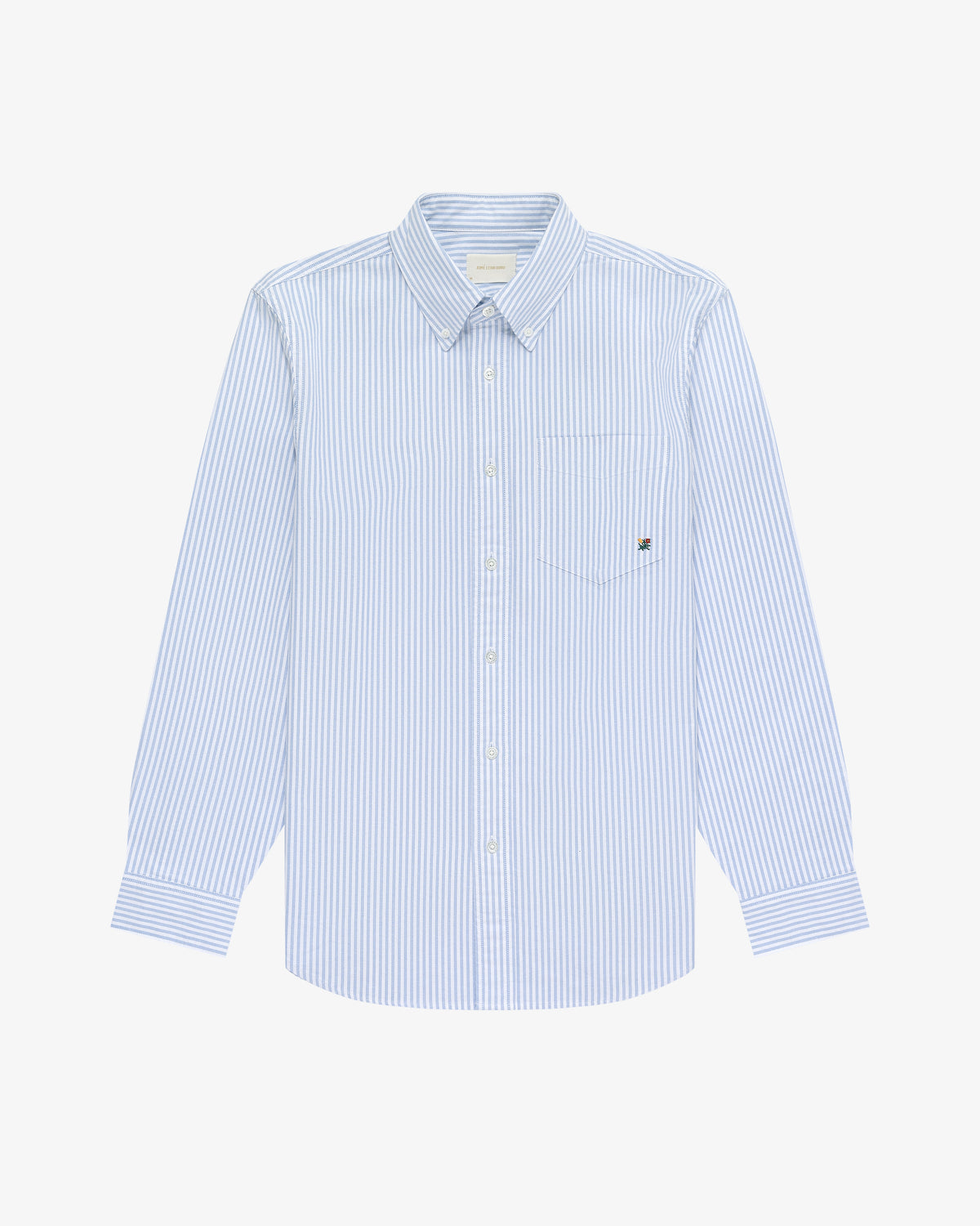 Striped Crest Oxford Shirt: light blue, white stripes, button-up, long sleeves, single chest pocket.