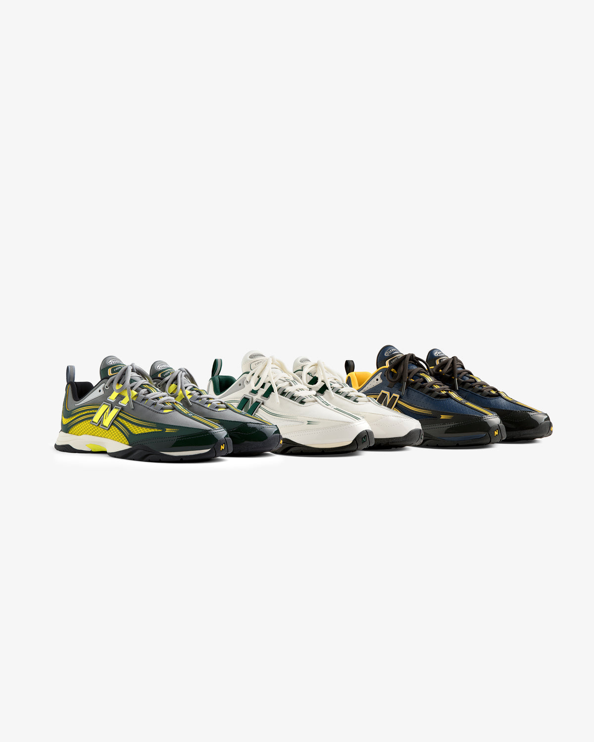 Five pairs of ALD / New Balance RC56 sneakers in various colors arranged in a row on a white background.