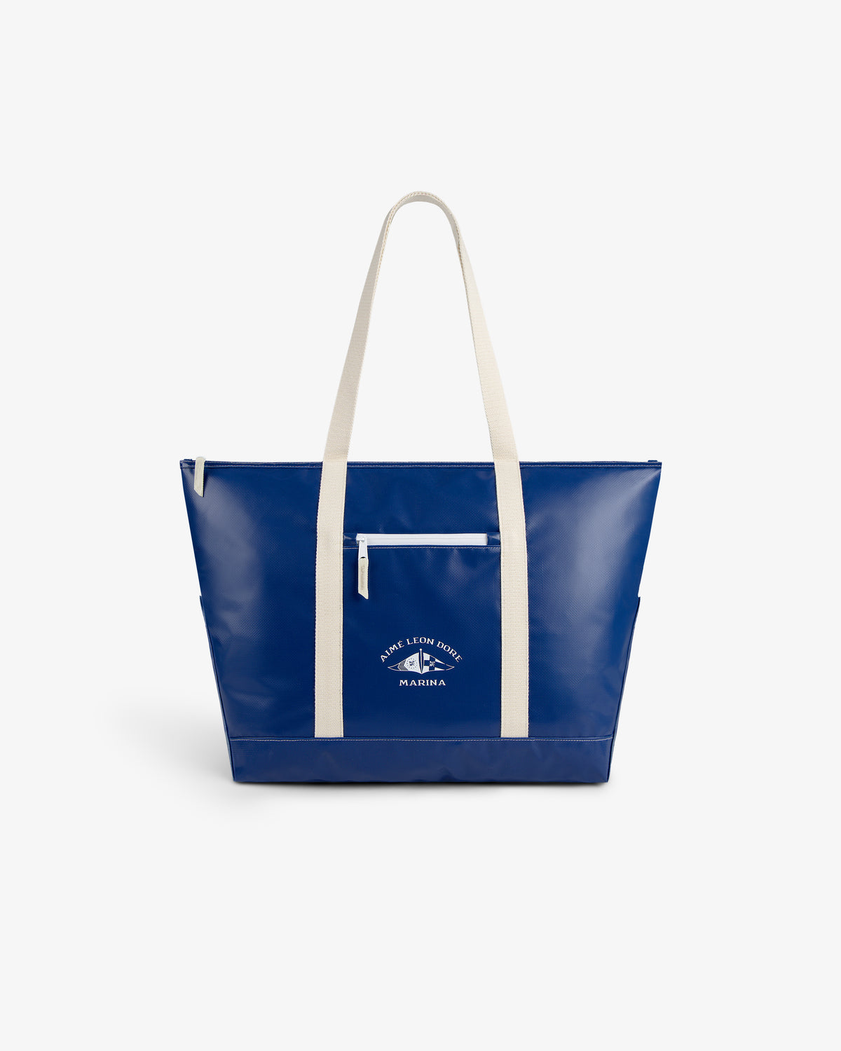 Carryall Marina Tote—blue with white straps, front pocket, and white graphic text on the front.