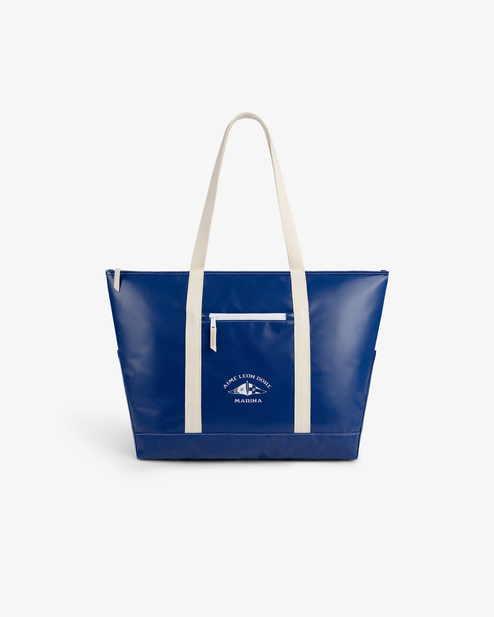 Carryall Marina Tote—blue with white straps, front pocket, and white graphic text on the front.