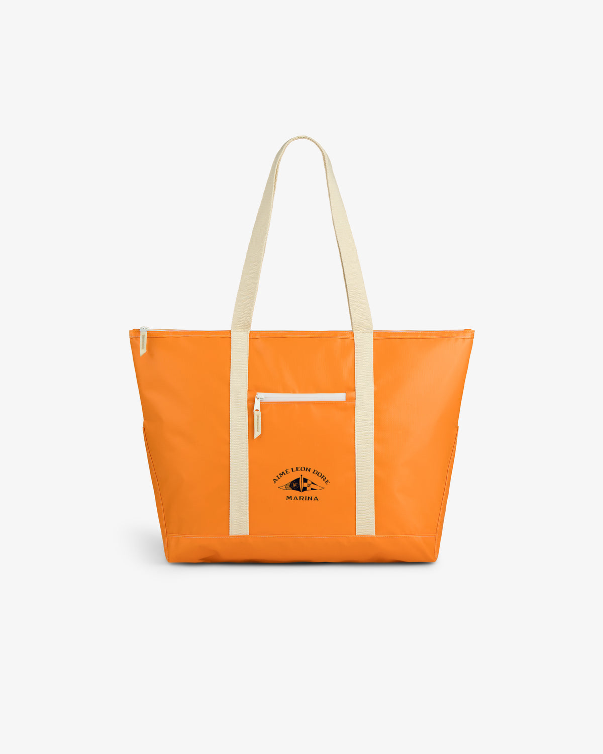 The Carryall Marina Tote features bright orange color, beige straps, a front zipper pocket, and a small black logo.