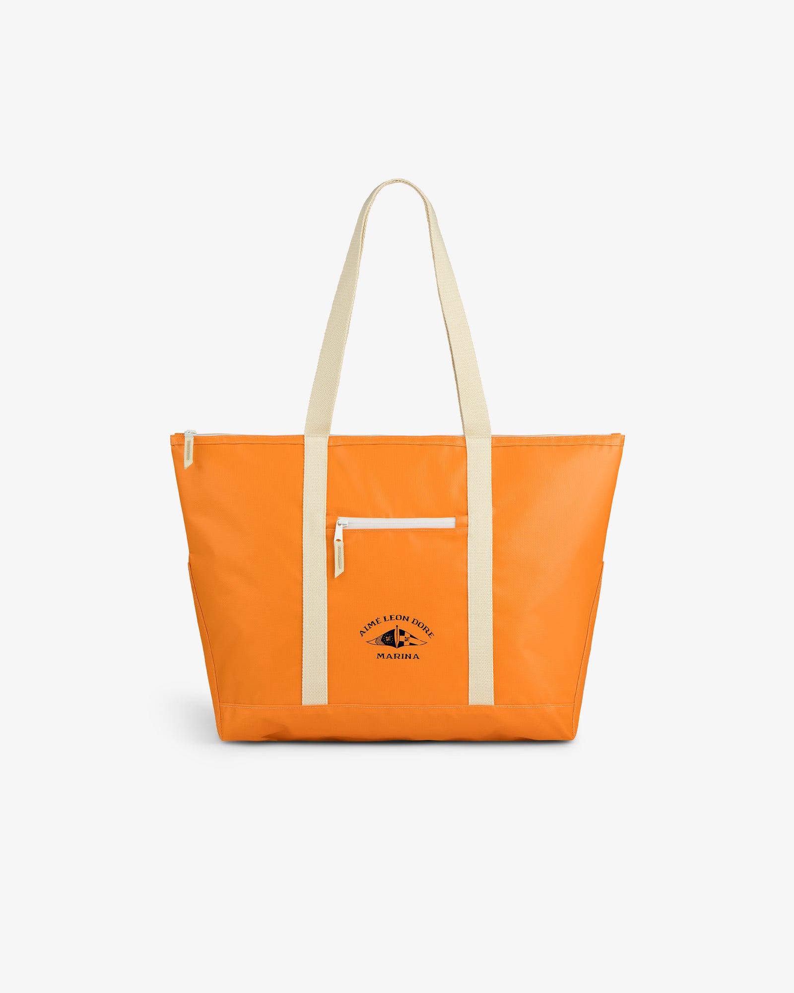 The Carryall Marina Tote features bright orange color, beige straps, a front zipper pocket, and a small black logo.