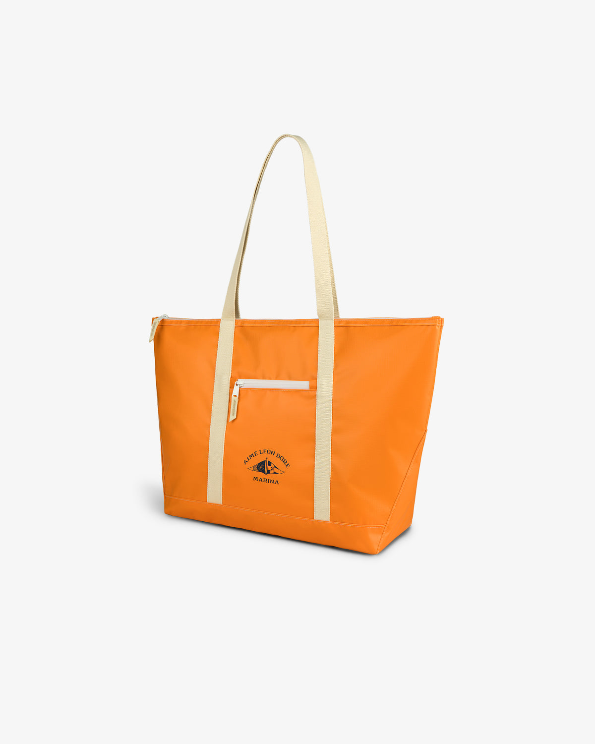 Carryall Marina Tote: orange with beige handles, front pocket, and small logo with text on the front.