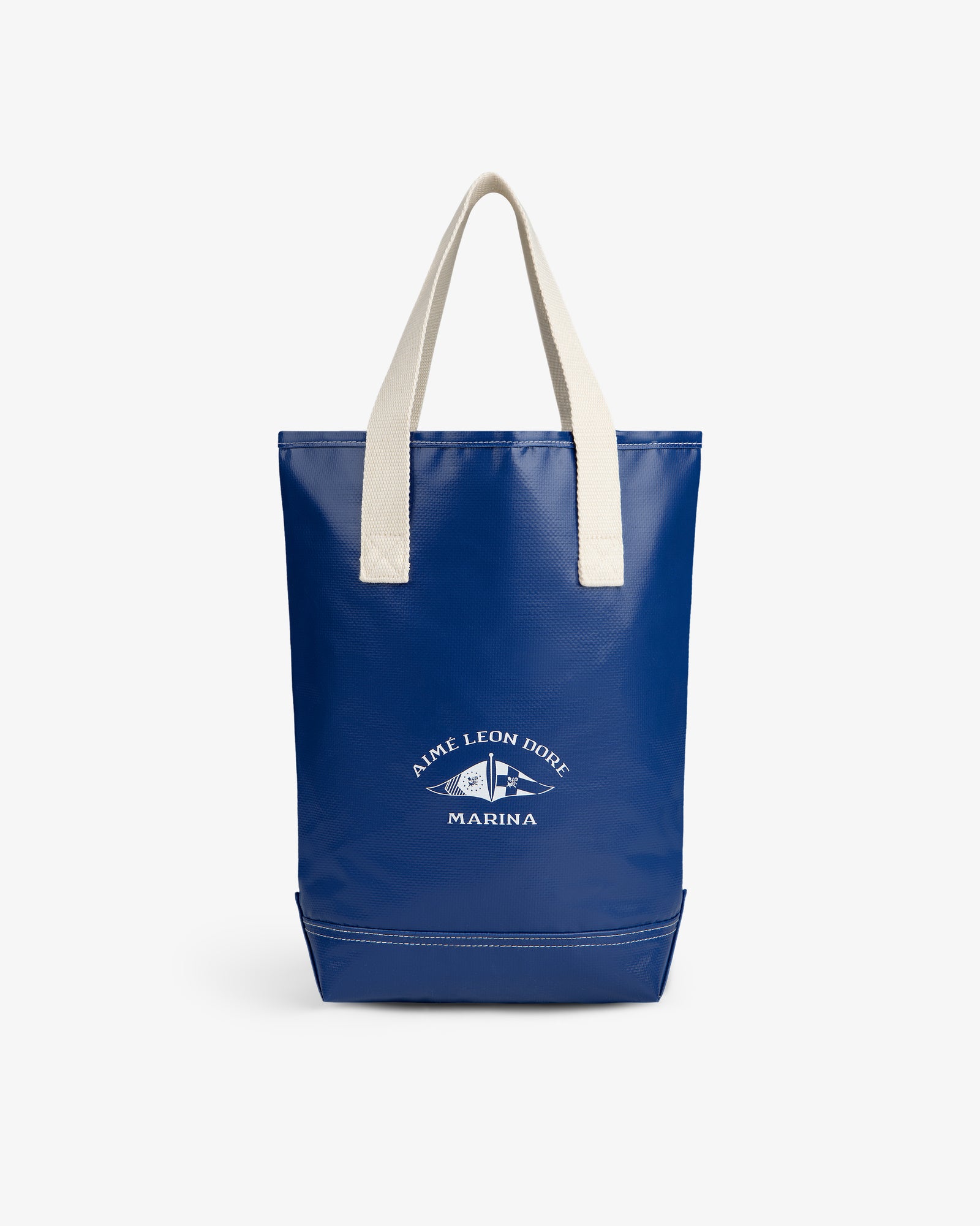 Marina Bottle Tote: Blue tote with white handles and an Aimé Leon Dore Marina fish logo on the front.