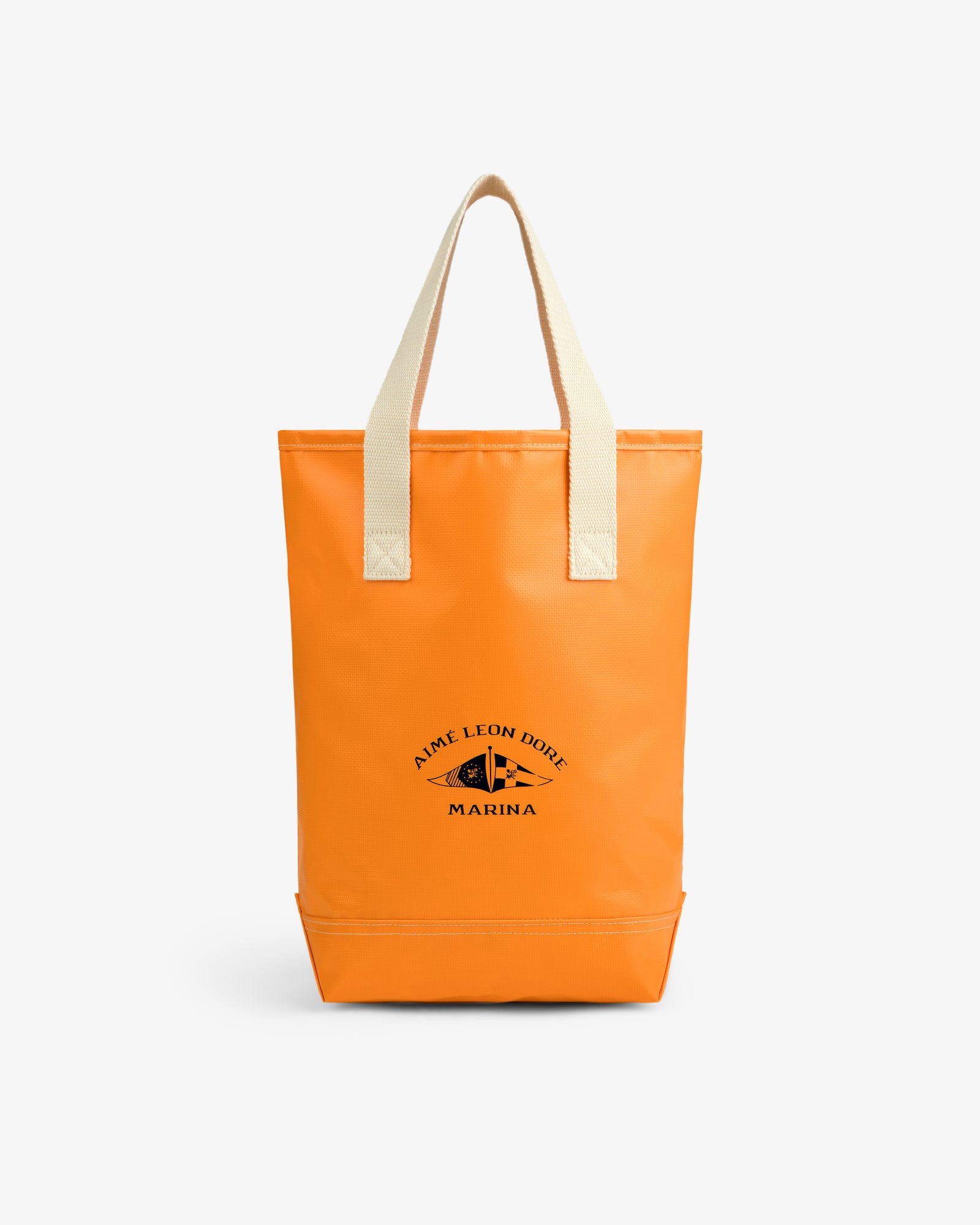 Bright orange Marina Bottle Tote with beige handles and black Aime Leon Dore Marina logo on the front.