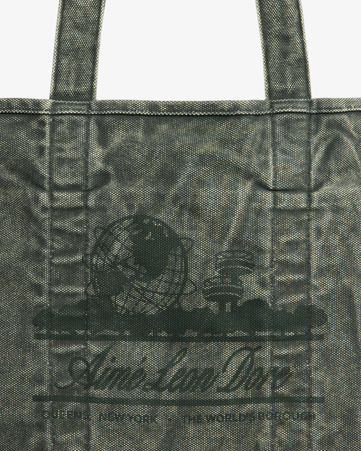 Sun Faded Large Unisphere Tote Bag: gray tote with a black globe, books graphic, and "Aim-Lan Dior" cursive text.
