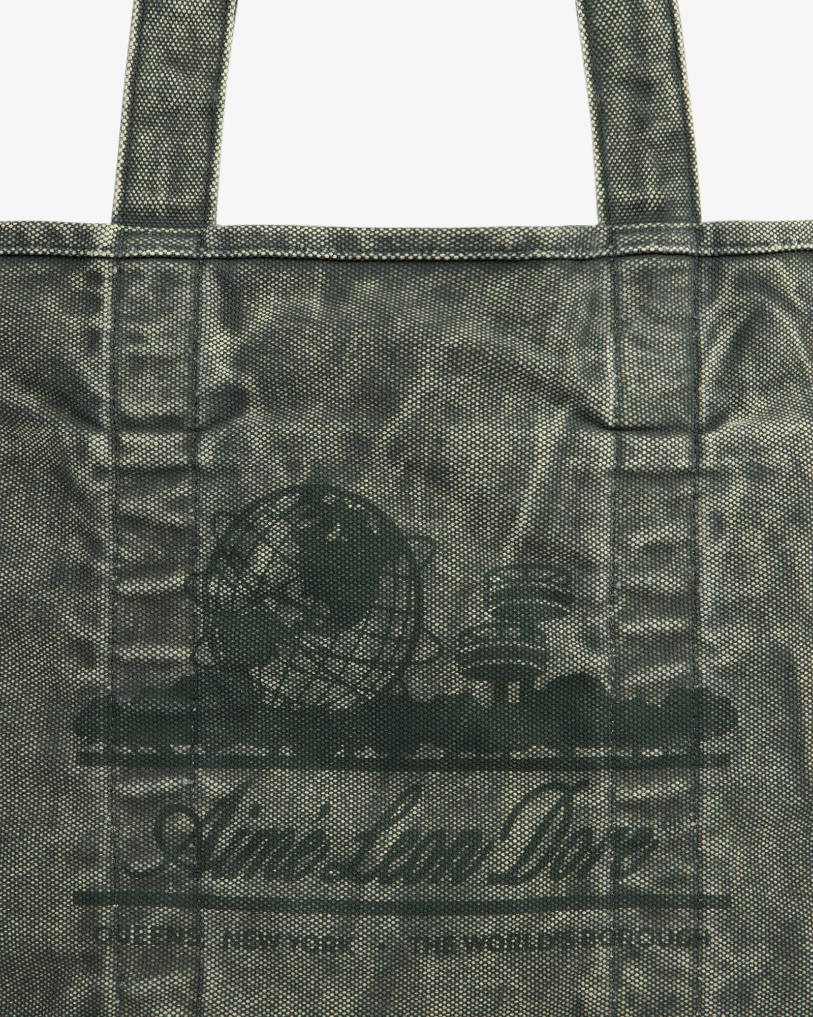 Sun Faded Large Unisphere Tote Bag: gray tote with a black globe, books graphic, and "Aim-Lan Dior" cursive text.