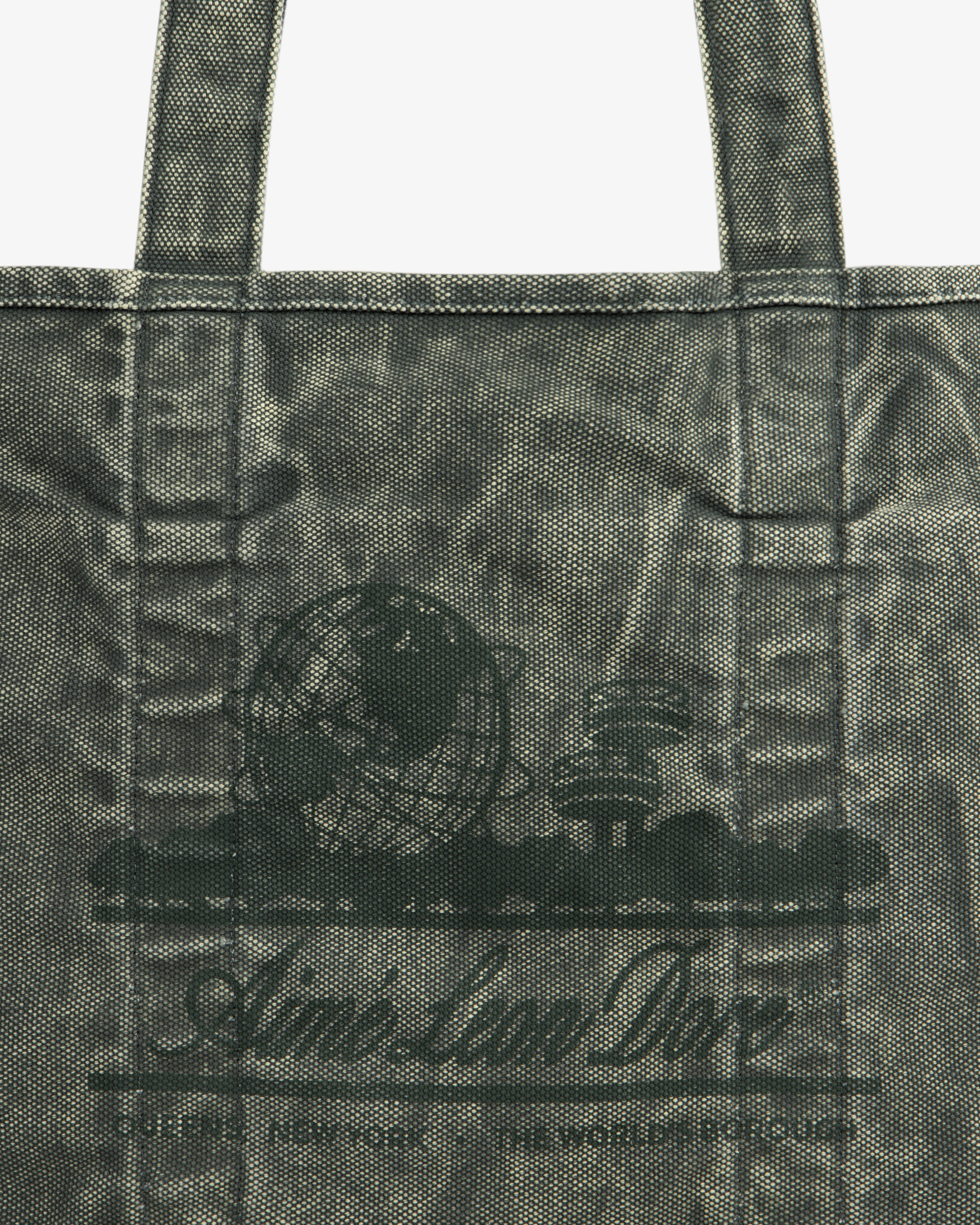 Sun Faded Large Unisphere Tote Bag: gray tote with a black globe, books graphic, and "Aim-Lan Dior" cursive text.