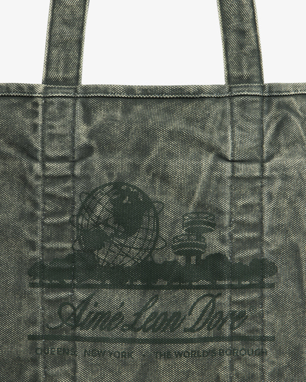 Sun Faded Large Unisphere Tote Bag: gray tote with a black globe, books graphic, and "Aim-Lan Dior" cursive text.
