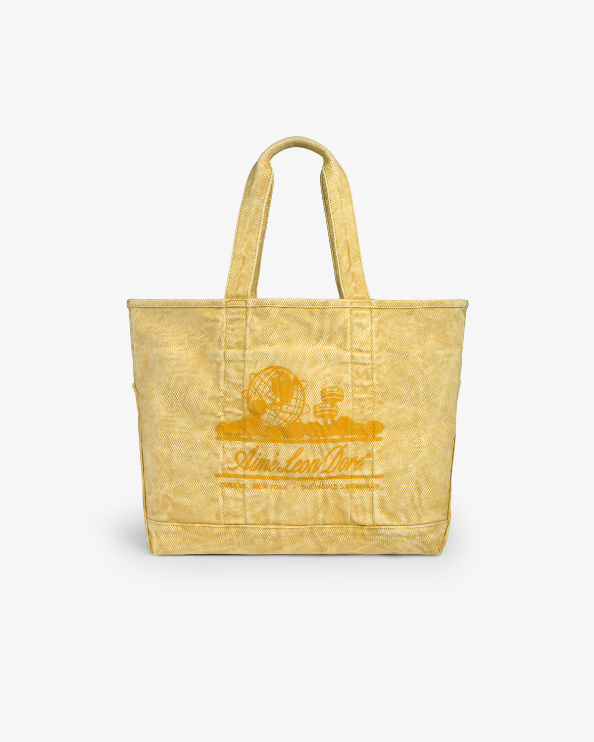 Sun Faded Large Unisphere Tote Bag with two handles and a printed globe graphic with text on the front.