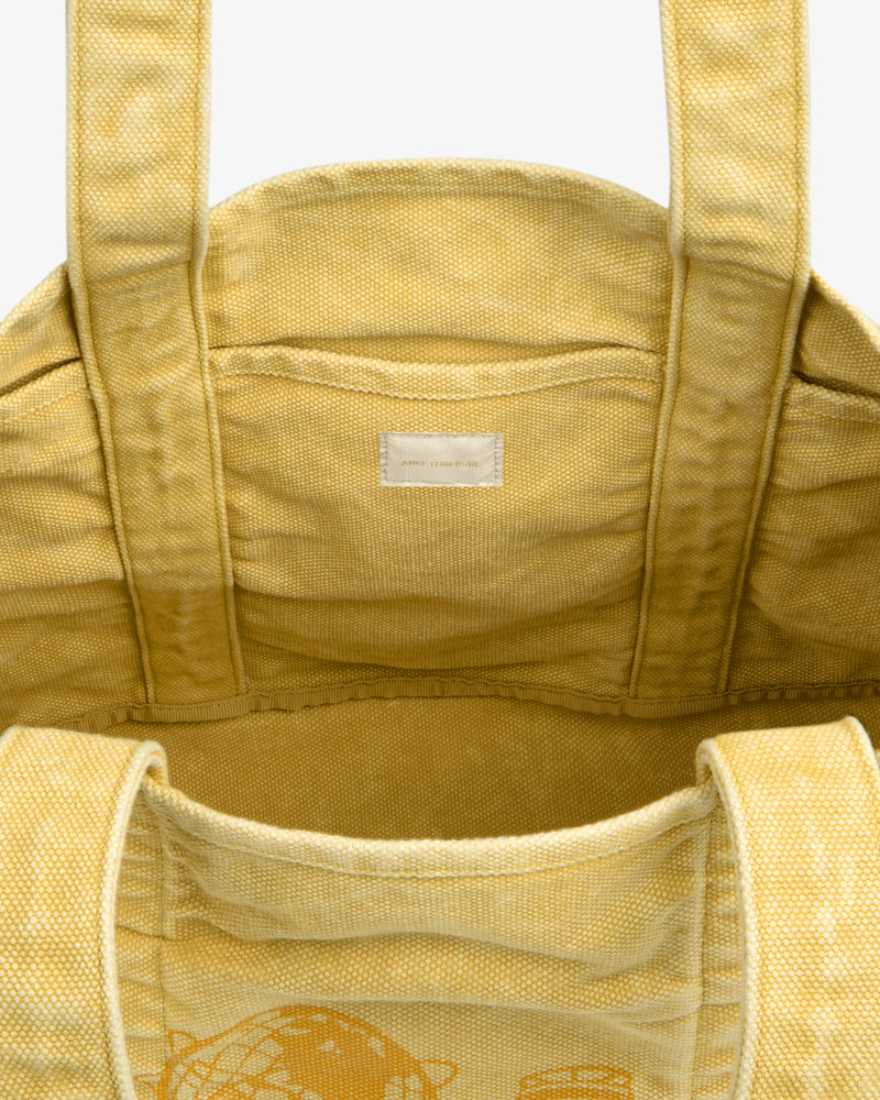 Sun Faded Large Unisphere Tote Bag with handles, top view showing inner label and fabric lining.
