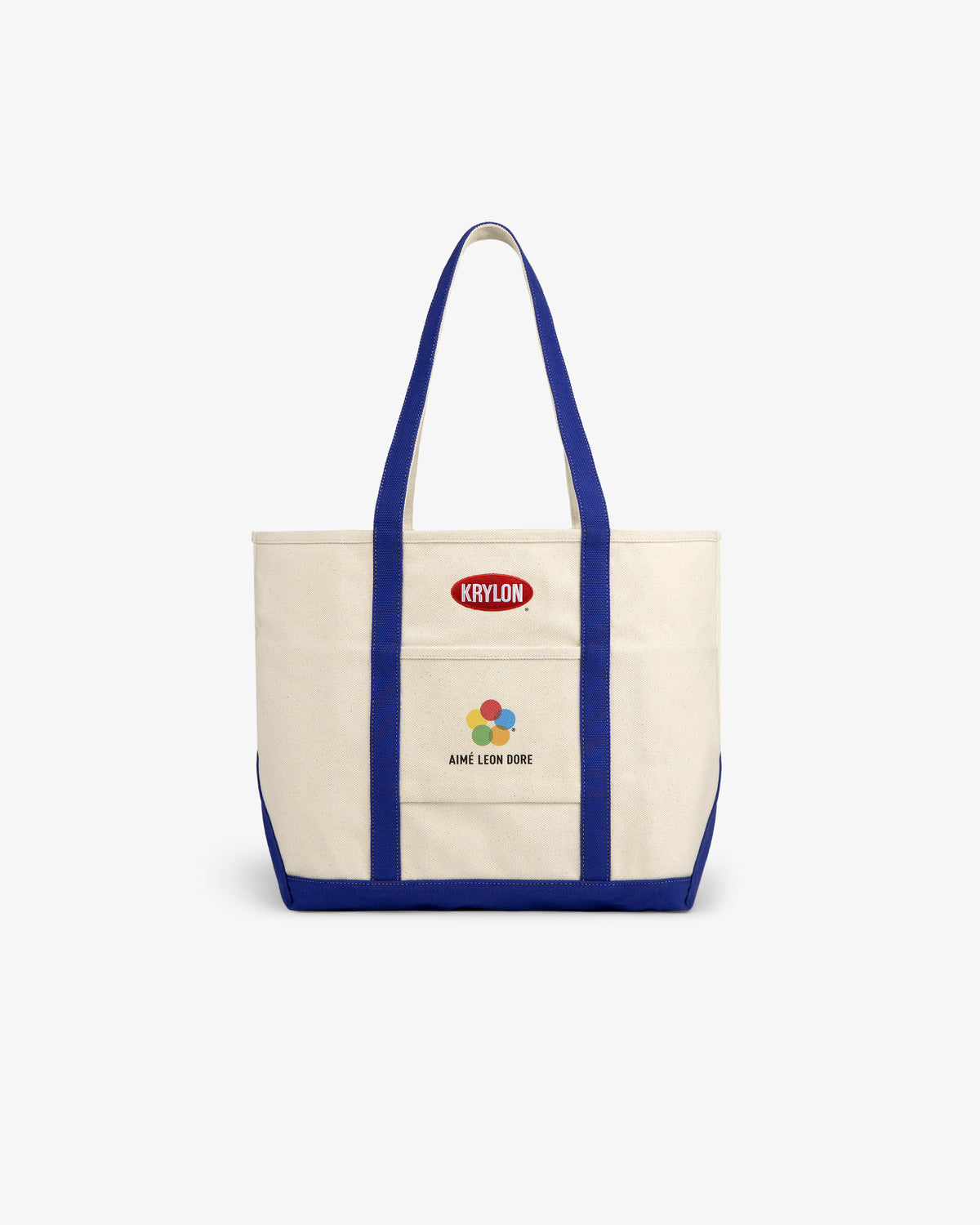 Krylon Tote Bag: Canvas tote with blue straps, Krylon logo, colorful flower above AIME LEON DORE on front.