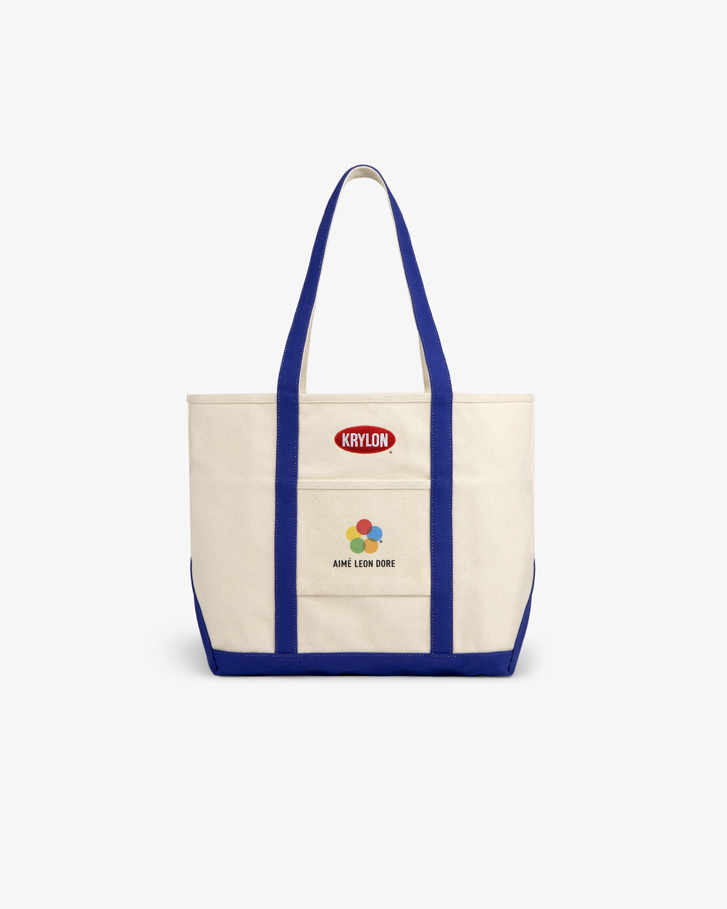 Krylon Tote Bag: Canvas tote with blue straps, Krylon logo, colorful flower above AIME LEON DORE on front.