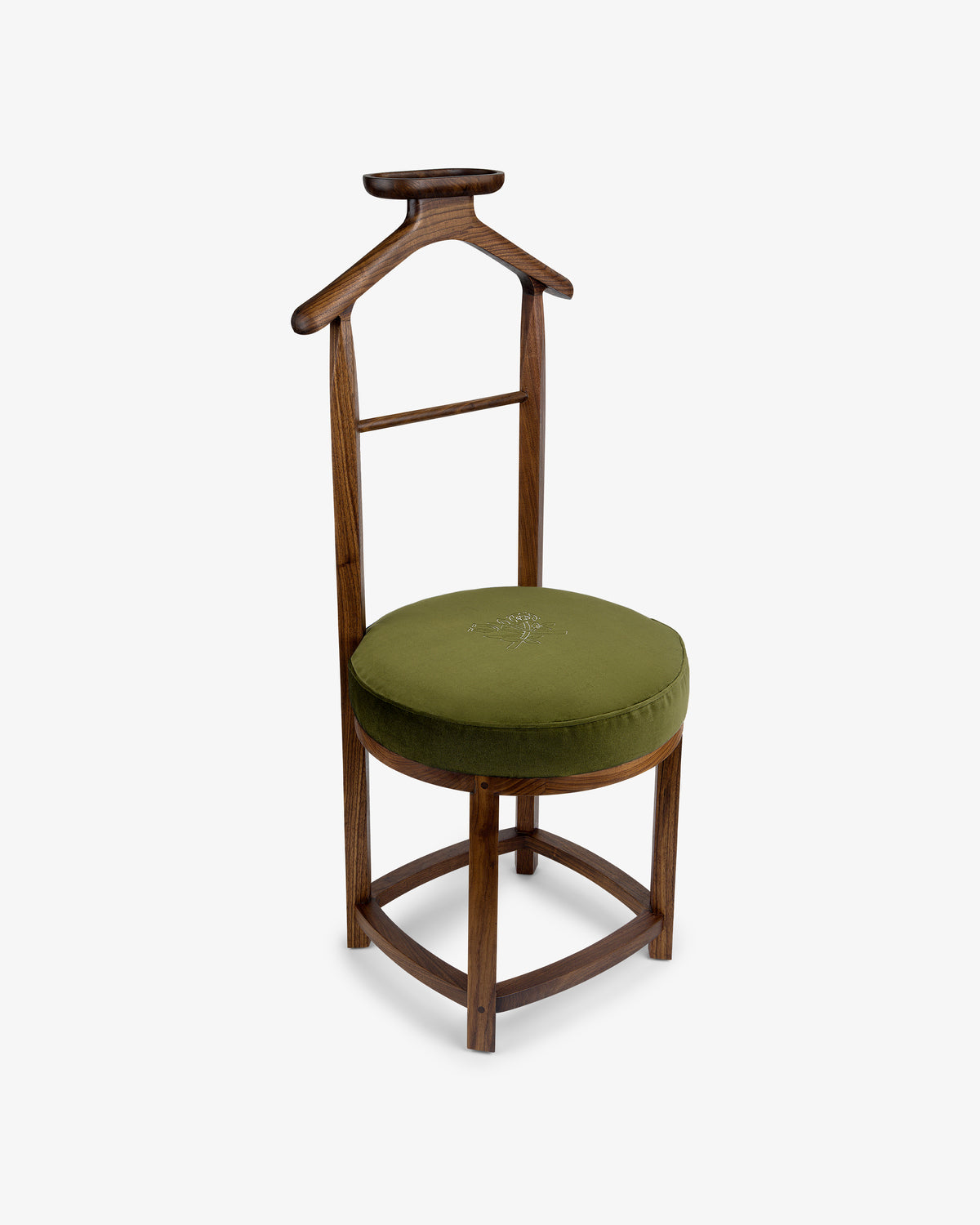 Queens Crest Valet Chair: wooden frame, green round cushioned seat, unique backrest, shown on white background.