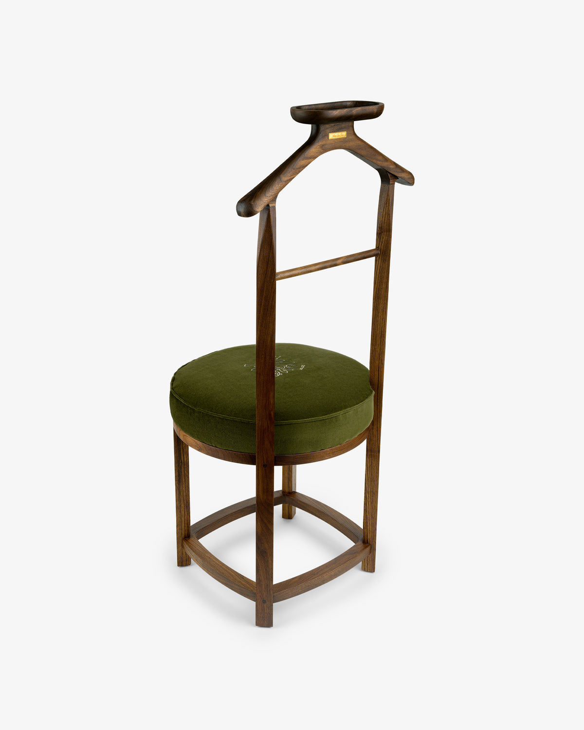 The Queens Crest Valet Chair features an olive green round cushion and hanger-shaped backrest against a white background.