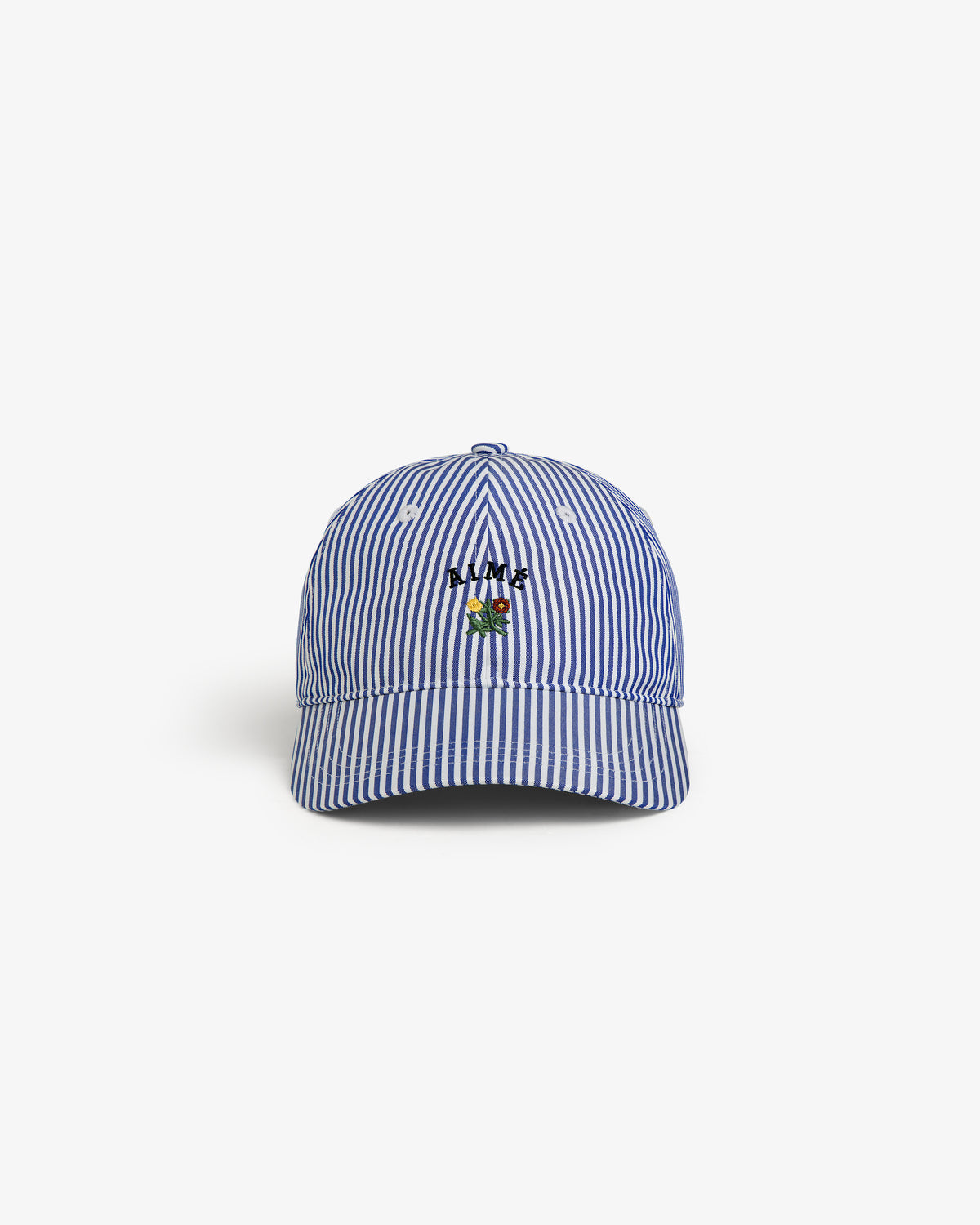 Striped Crest Logo Hat: blue and white stripes, frog embroidery, and “MARK” text on the front.