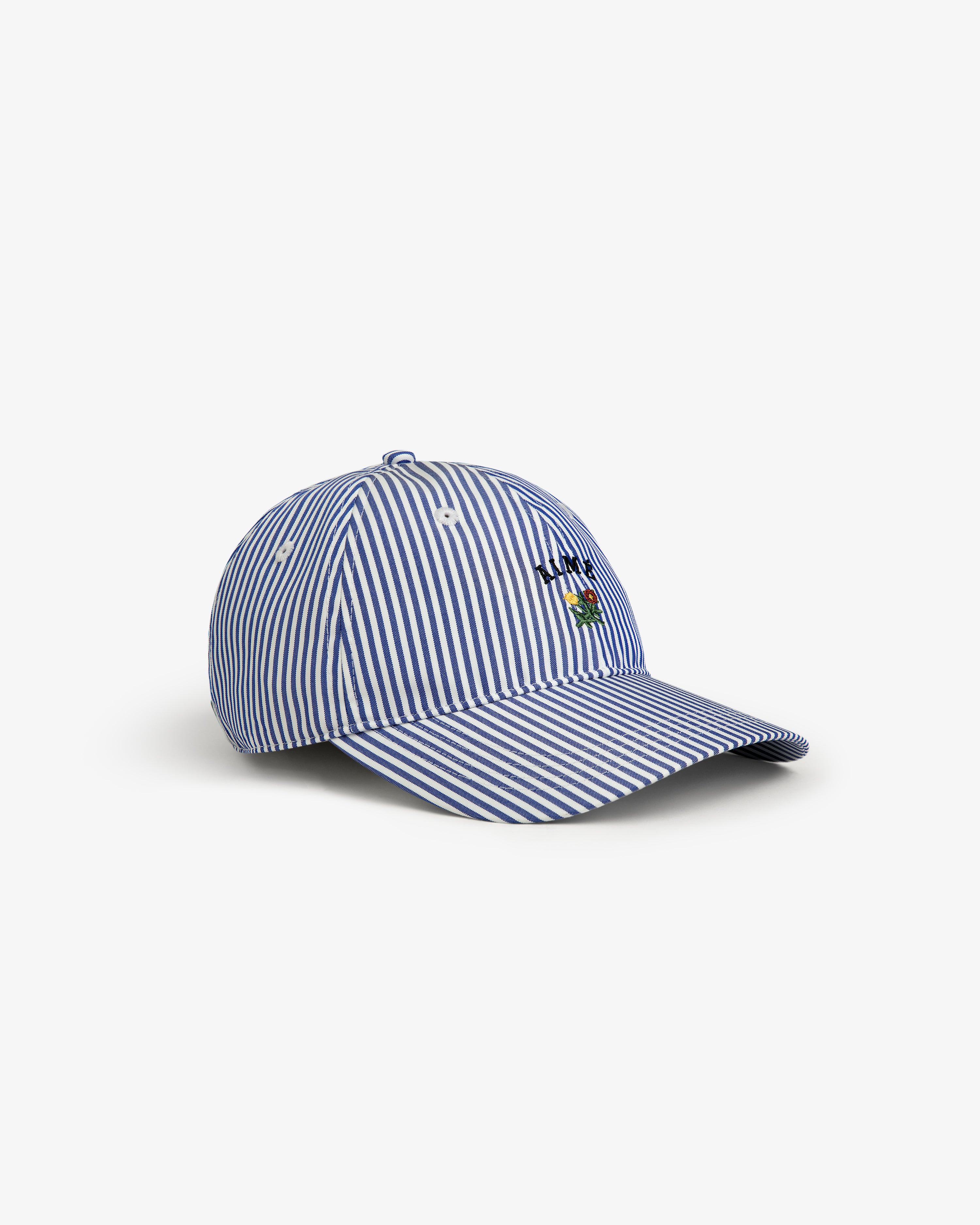 Striped Crest Logo Hat in blue and white with small front embroidery, shown on a white background.