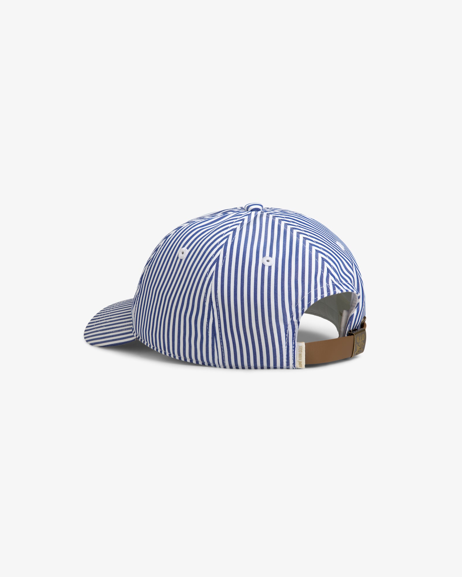 Striped Crest Logo Hat in blue and white with a brown adjustable strap, shown from the back on a white background.