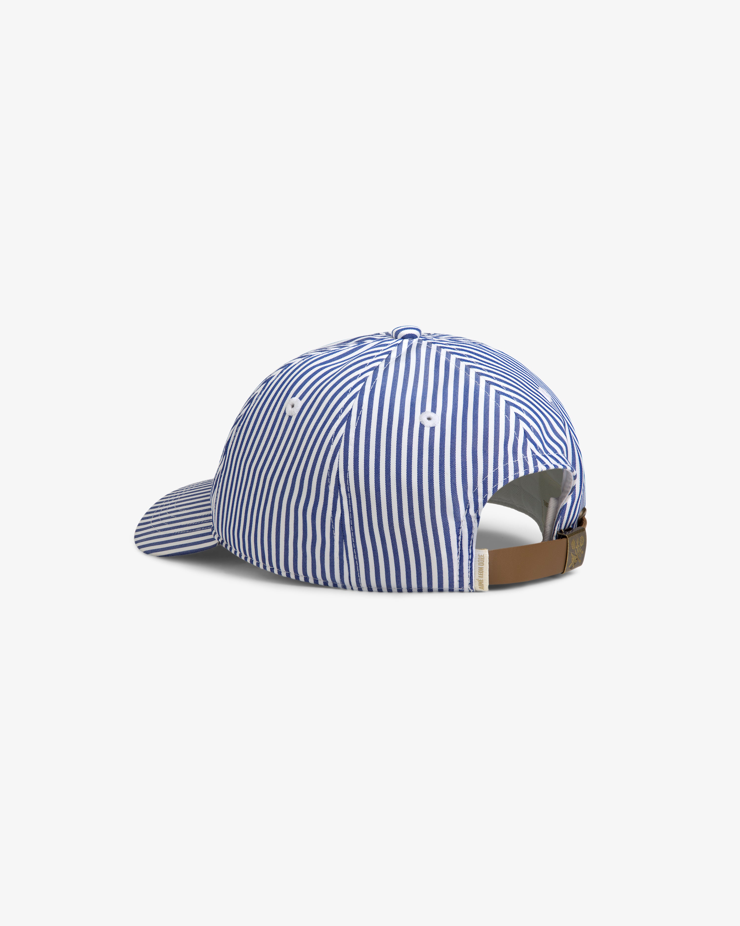 Striped Crest Logo Hat in blue and white with a brown adjustable strap, shown from the back on a white background.