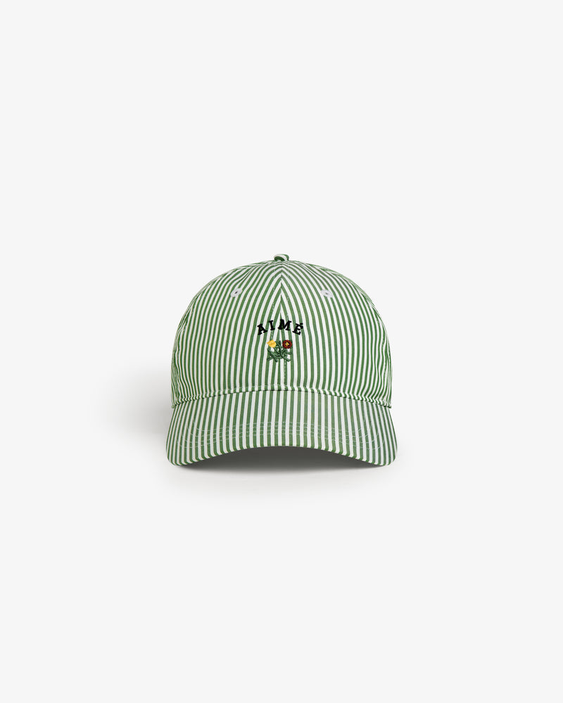 Striped Crest Logo Hat featuring green and white stripes, a small embroidered frog, and H+K text on the front.