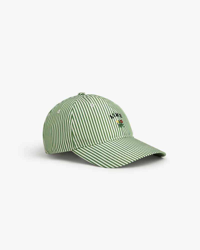 Striped Crest Logo Hat in green and white with a small front embroidered design, shown on a white background.