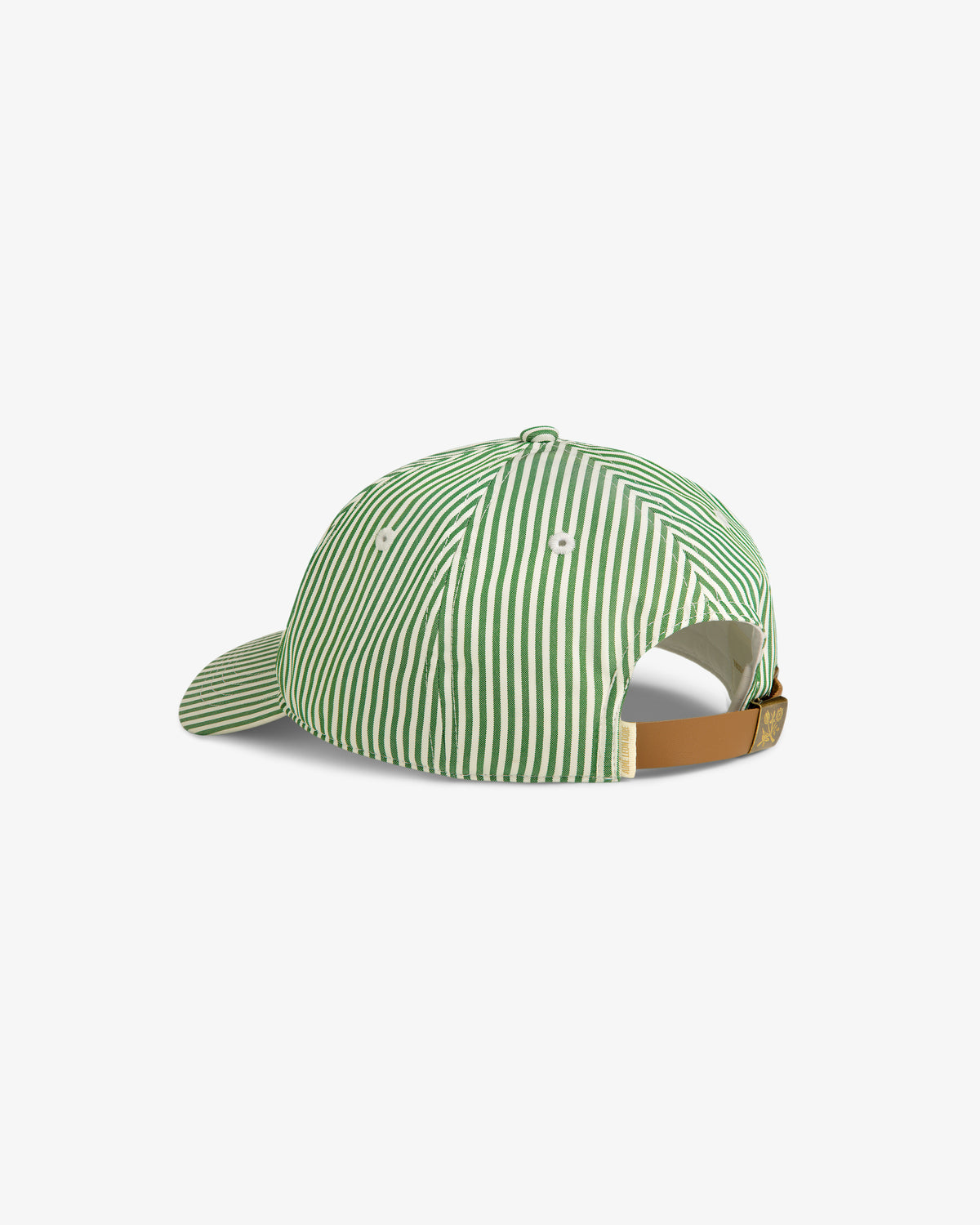Striped Crest Logo Hat in green and white, back view, with a brown adjustable strap and white metal eyelets.