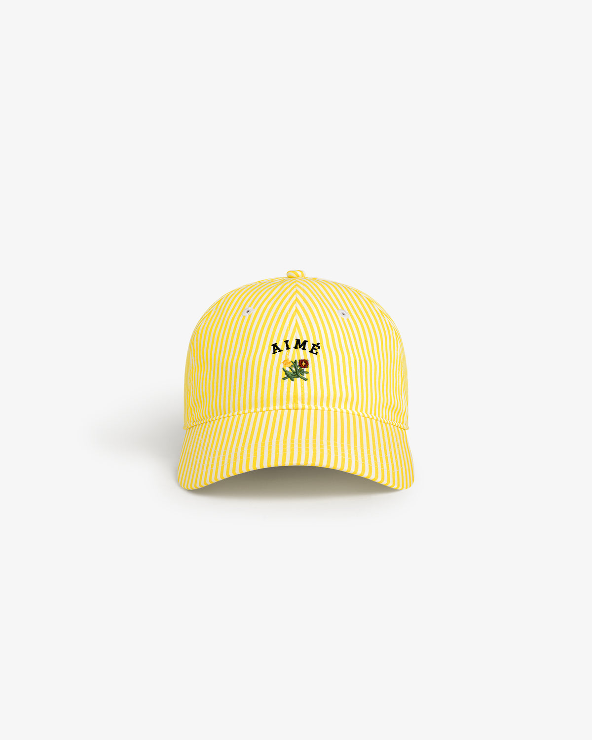 Striped Crest Logo Hat with yellow and white stripes, AIME logo, and green flower on the front, on a white background.